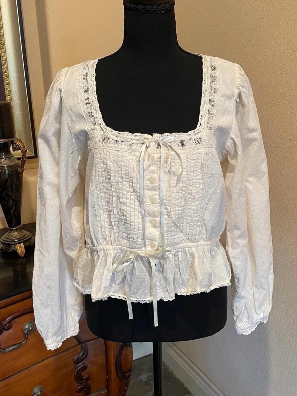 American Eagle White Long Sleeve Milkmaid Blouse